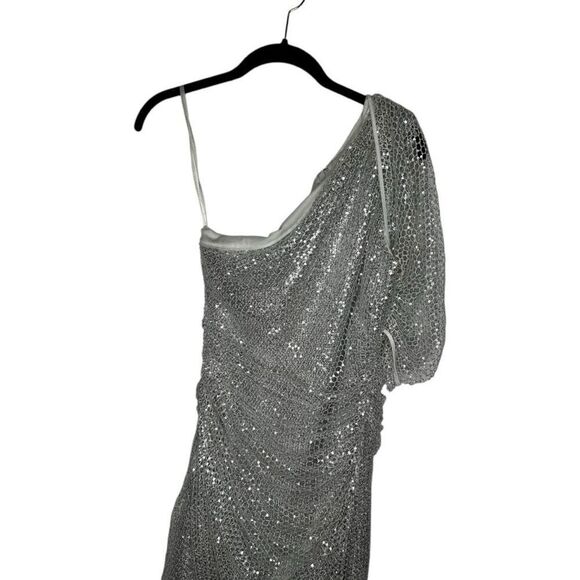 Maeve Reilly x BCBGMAZAZRIA Silver Asymmetrical Mini Dress Size 0 Puff Sleeve - Picture 2 of 12